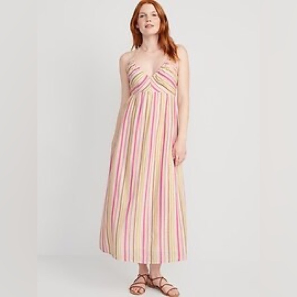 NWT Old Navy Fit & Flare Multi Striped Halter Maxi Dress PINK Yellow White